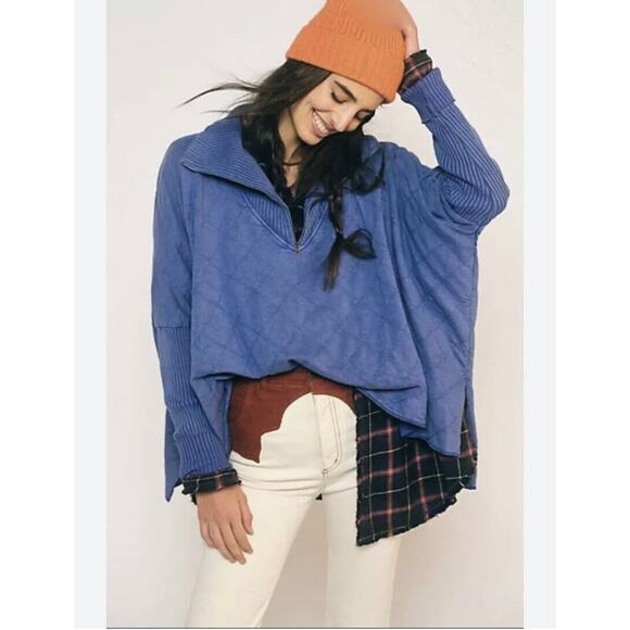 Free People Tops - Free People ONE Shiloh Quilted Sweatshirt Pullover Zip Swing Hi Lo Small Blue